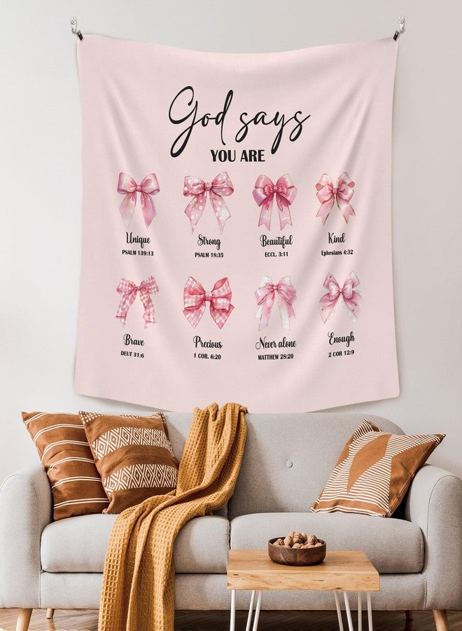 XLDLIOO Pink Coquette Bow Christian Wall Tapestry, Scricpture God says You Are Unique Strong Wall Tapestry Hanging for Girly Room Bedroom, Preppy Tapestries Wall Decor Art for Teen Girls Dorm 60x50in - Image 2